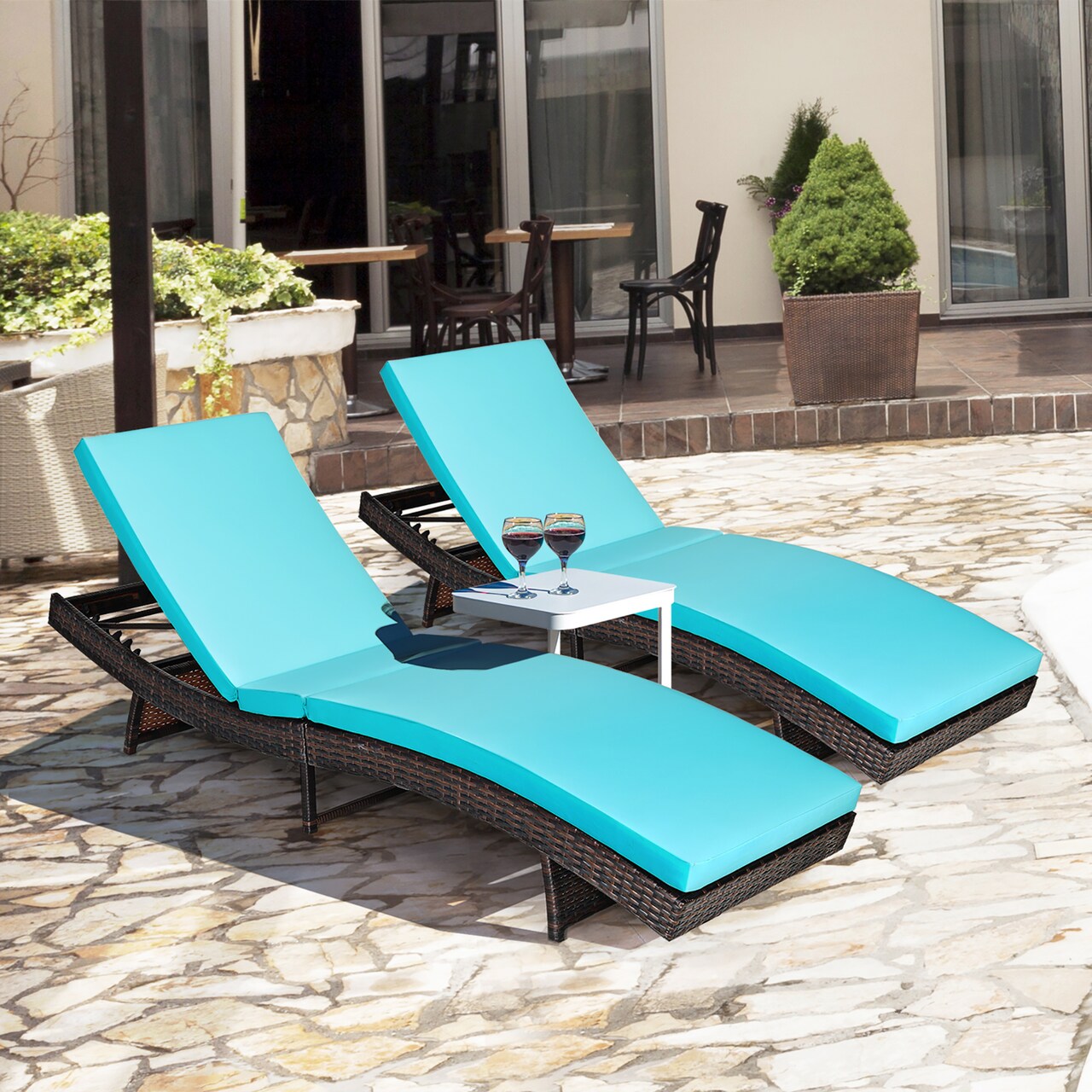 Costway 2PCS Patio Rattan Folding Lounge Chair Chaise Adjustable White\Turquoise Cushion